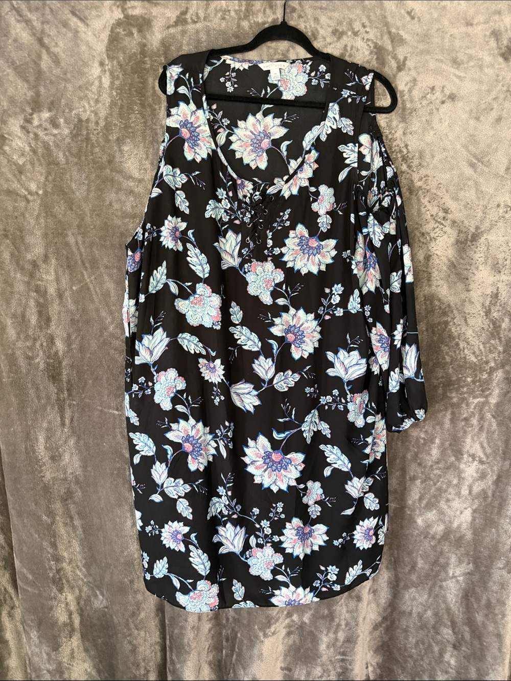 Boutique 9 Black Floral Cold-Shoulder Midi with Pastel Blooms